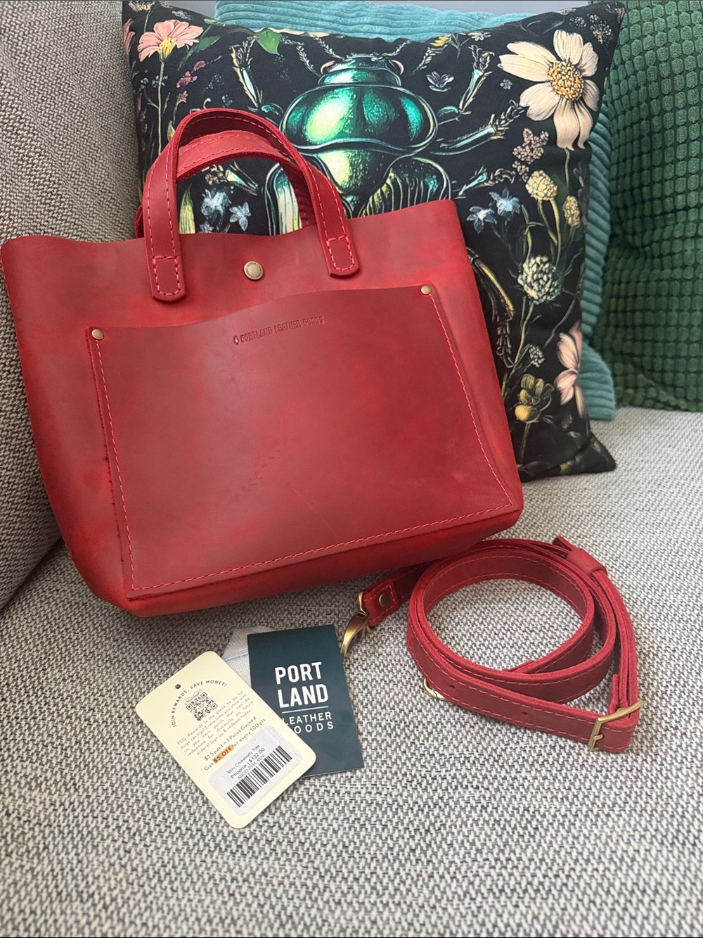 Portland Leather Red Leather Mini Tote  with Removable Crossbody Strap Phoenix
